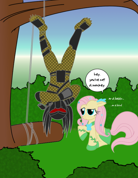 Size: 618x800 | Tagged: artist:capnchryssalid, crossover, derpibooru import, fluttershy, predator (franchise), safe, yautja