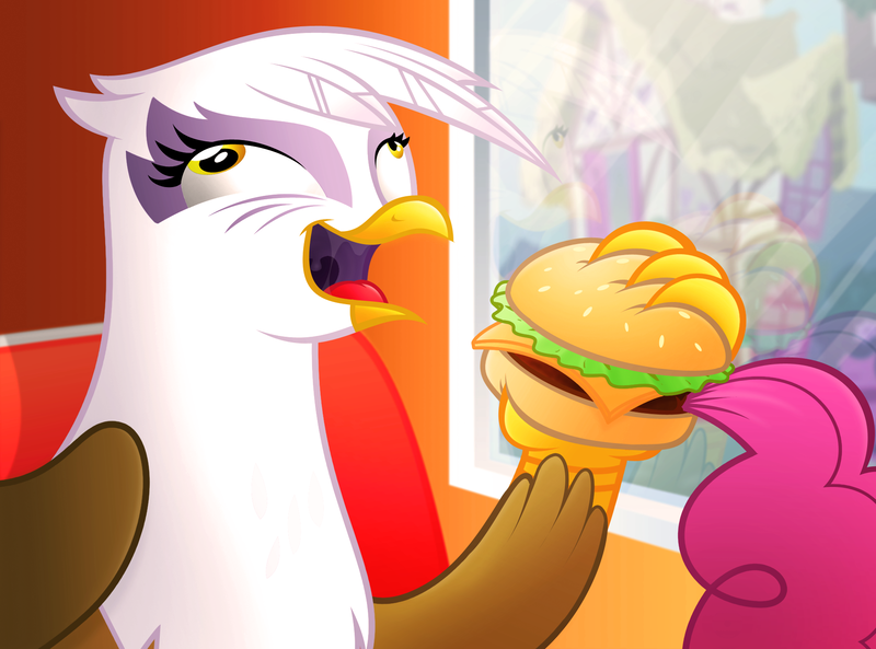 Size: 1920x1422 | Tagged: safe, artist:misterdavey, derpibooru import, gilda, pinkie pie, gryphon, awesome face, burger, carnivore, drool, fetish, food, food chain, griffons doing griffon things, imminent vore, meat, revenge