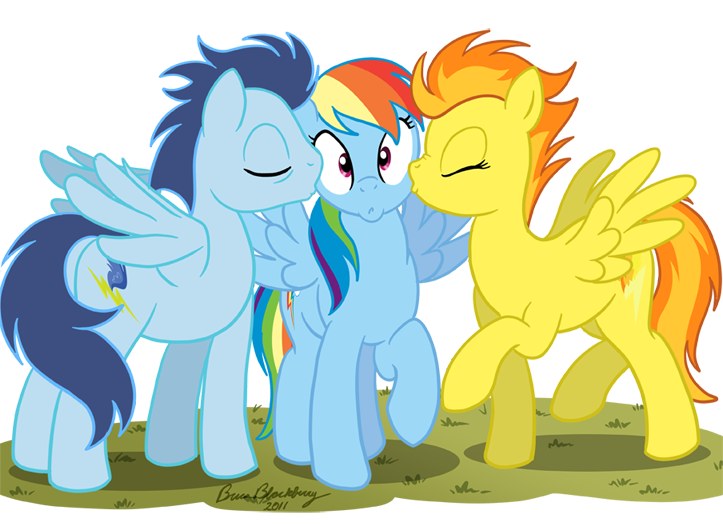 Size: 723x526 | Tagged: source needed, safe, artist:brianblackberry, derpibooru import, rainbow dash, soarin', spitfire, pegasus, pony, bisexual, female, kiss on the cheek, kiss sandwich, kissing, lesbian, lesbian in front of boys, male, mare, ot3, polyamory, shipping, simple background, soarindash, soarindashfire, spitdash, stallion, straight, transparent background, trio