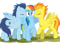 Size: 723x526 | Tagged: source needed, safe, artist:brianblackberry, derpibooru import, rainbow dash, soarin', spitfire, pegasus, pony, bisexual, female, kiss on the cheek, kiss sandwich, kissing, lesbian, lesbian in front of boys, male, mare, ot3, polyamory, shipping, simple background, soarindash, soarindashfire, spitdash, stallion, straight, transparent background, trio