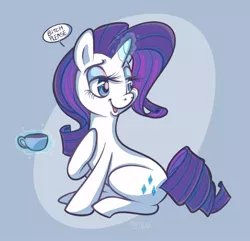 Size: 800x770 | Tagged: safe, artist:vaporotem, derpibooru import, rarity, pony, unicorn, bitch please, cup, dialogue, drink, looking back, magic, sitting, solo, tea, teacup, vulgar