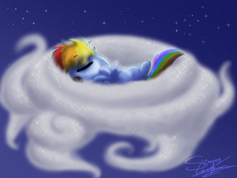 Size: 800x600 | Tagged: safe, artist:shadeysix, derpibooru import, rainbow dash, pegasus, pony, cloud, eyes closed, female, filly, floppy ears, night, open mouth, signature, sleeping, solo, yawn