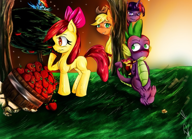 Size: 3510x2550 | Tagged: safe, artist:noideasfornicknames, derpibooru import, apple bloom, applejack, rainbow dash, spike, twilight sparkle, apple, applejack the shipper, female, flower, high res, interspecies, male, rainbow the shipper, shipper on deck, shipping, spikebloom, straight, twilight the shipper