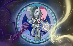 Size: 2000x1280 | Tagged: safe, artist:speccysy, derpibooru import, limestone pie, marble pie, pinkie pie, princess luna, pony, bipedal, clothes, costume, crossover, dive to the heart, keyblade, kingdom hearts, oathkeeper, oblivion, pie sisters, stained glass