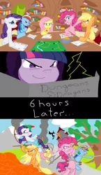 Size: 993x1717 | Tagged: adventuring party, applejack, armor, axe, derpibooru import, dragon, dungeon master, dungeons and dragons, fire, fluttershy, golden oaks library, helmet, pinkie pie, rainbow dash, rarity, safe, sword, tree, twilight sparkle