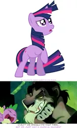 Size: 699x1157 | Tagged: safe, derpibooru import, spike, twilight sparkle, big cat, dragon, lion, pony, unicorn, the crystal empire, spoiler:s03, crossover, crystal empire, female, flowing mane, image, jpeg, male, mare, psyga's alternate pony scenes, scar, scar (the lion king), simple background, the lion king, unicorn twilight, white background, windswept mane