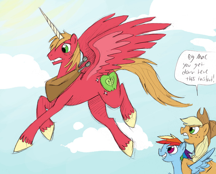 Size: 3160x2552 | Tagged: safe, artist:lizziedakittie, derpibooru import, applejack, big macintosh, rainbow dash, alicorn, pony, alicornified, female, flying, high res, hilarious in hindsight, male, male princess, mare, princess big mac, race swap, riding, stallion, talking