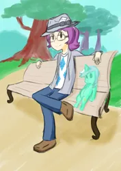 Size: 620x876 | Tagged: 4chan, bench, brony, brony stereotype, derpibooru import, humanized, lyra heartstrings, lyra plushie, meta, /mlp/, mlp tan, rarity, safe