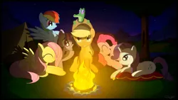 Size: 1920x1080 | Tagged: applejack, artist:gign-3208, campfire, derpibooru import, fluttershy, gummy, mane six, pinkie pie, rainbow dash, rarity, safe, twilight sparkle