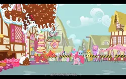 Size: 1024x640 | Tagged: safe, derpibooru import, screencap, berry punch, berryshine, big macintosh, bon bon, carrot cake, carrot top, daisy, golden harvest, linky, pinkie pie, shoeshine, sweetie drops, earth pony, pony, mmmystery on the friendship express, cake transport, holding a sign, hoof hold, male, ponyville, stallion, youtube caption