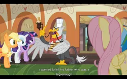 Size: 1024x640 | Tagged: safe, derpibooru import, screencap, applejack, fluttershy, gustave le grande, rainbow dash, rarity, twilight sparkle, gryphon, mmmystery on the friendship express, youtube caption