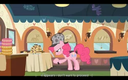 Size: 1024x640 | Tagged: safe, derpibooru import, screencap, pinkie pie, earth pony, pony, mmmystery on the friendship express, deerstalker, female, hat, magnifying glass, mare, solo, youtube caption