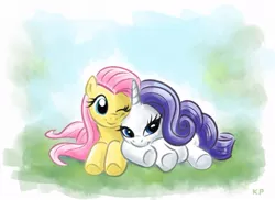 Size: 800x581 | Tagged: safe, artist:kp-shadowsquirrel, derpibooru import, fluttershy, rarity, female, flarity, lesbian, prone, shipping, wink