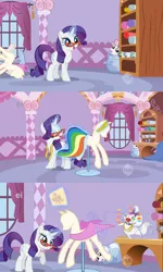 Size: 1637x2722 | Tagged: derpibooru import, fabric, glasses, mannequin, opalescence, pony in a bottle, ponyquin, rarity, safe, stuck, sweetie belle, sweetiebuse