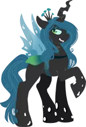 Size: 613x900 | Tagged: safe, artist:anuvia, derpibooru import, queen chrysalis, changeling, changeling queen, fangs, female, image, lidded eyes, png, raised hoof, sidemouth, simple background, slit eyes, smiling, solo, standing, transparent background