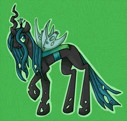 Size: 611x586 | Tagged: safe, artist:breezyrach, derpibooru import, queen chrysalis, changeling, changeling queen, abstract background, fangs, female, frown, image, looking back, png, raised hoof, slit eyes, solo, standing