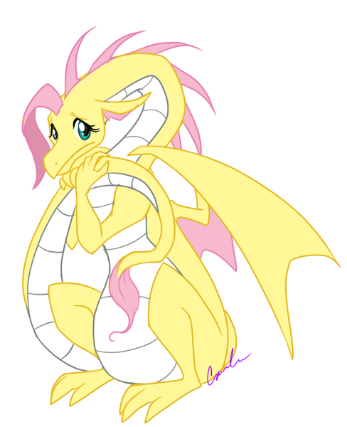 Size: 612x753 | Tagged: artist:vertizontal, derpibooru import, dragon, dragoness, dragonified, flutterdragon, fluttershy, safe, species swap