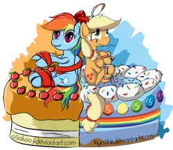 Size: 1296x1124 | Tagged: safe, artist:kiyoshiii, artist:osakaoji, derpibooru import, applejack, rainbow dash, earth pony, pegasus, pony, cake, duo, ponies in food, ribbon, sweatdrop, tied up