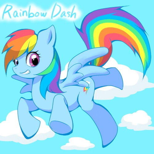 Size: 500x500 | Tagged: safe, artist:springbo, derpibooru import, rainbow dash, pegasus, pony, cloud, cute, dashabetes, female, flying, mare, pixiv, sky, smiling, solo