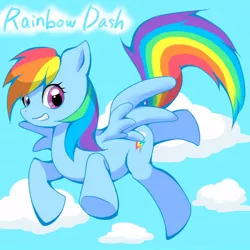 Size: 500x500 | Tagged: safe, artist:springbo, derpibooru import, rainbow dash, pegasus, pony, cloud, cute, dashabetes, female, flying, mare, pixiv, sky, smiling, solo