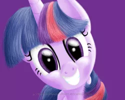 Size: 900x720 | Tagged: safe, artist:shadowphoenixrisen, derpibooru import, twilight sparkle, pony, bust, female, looking at you, mare, purple background, simple background, smiling, solo