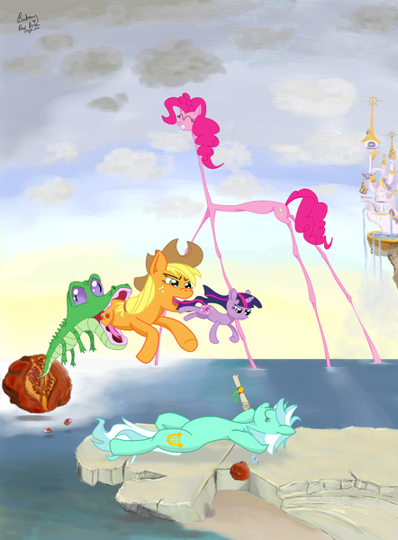 Size: 1557x2112 | Tagged: applejack, artist:mylittlebadzerg, castle, derpibooru import, dream caused by the flight of a bee, fine art parody, gummy, lyra heartstrings, pinkie pie, pomegranate, rainbow dash, safe, salvador dalí, scroll, surreal, twilight sparkle, wat