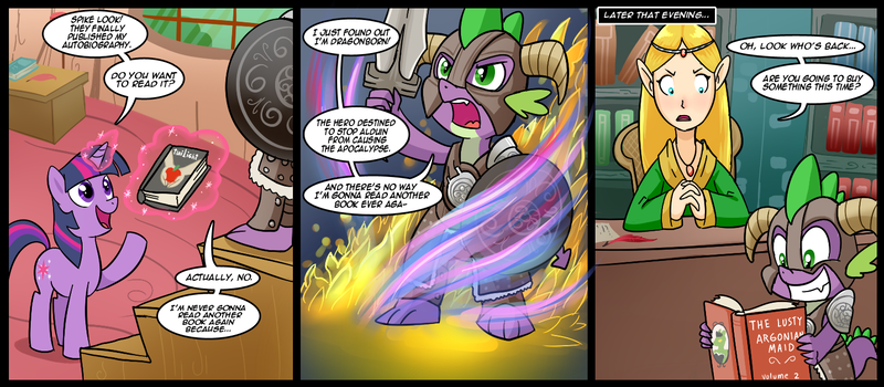 Size: 1500x656 | Tagged: artist:madmax, book, comic, crossover, derpibooru import, elf, female, helmet, magic, male, safe, shield, skyrim, speech bubble, spike, sword, the elder scrolls, the lusty argonian maid, twilight sparkle, window