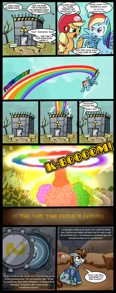 Size: 797x2000 | Tagged: safe, artist:madmax, derpibooru import, applejack, rainbow dash, oc, oc:littlepip, earth pony, pegasus, pony, unicorn, fallout equestria, fanfic, lesson zero, atomic rainboom, bone, clothes, comic, dead, death, explosion, fallout, fanfic art, female, helmet, hooves, horn, mare, mushroom cloud, open mouth, pipbuck, radioactive, radioactive waste, rainbow dumb, sitting, skeleton, skull, stable, stable 2, stable door, text, too dumb to live, vault suit, wings