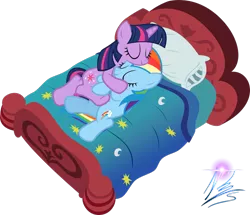 Size: 1600x1379 | Tagged: safe, artist:nightmaremoons, derpibooru import, rainbow dash, twilight sparkle, bed, female, lesbian, shipping, simple background, sleeping, transparent background, twidash, vector