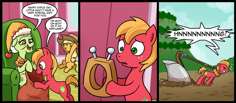 Size: 1500x656 | Tagged: safe, artist:madmax, derpibooru import, applejack, big macintosh, granny smith, earth pony, pony, comic, horse collar, male, plow, pulling, stallion, straining, yoke, younger