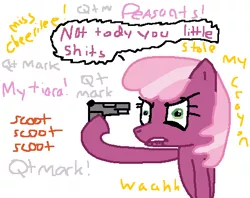 Size: 483x382 | Tagged: semi-grimdark, artist:tiarawhy, derpibooru import, cheerilee, earth pony, pony, 1000 hours in ms paint, female, gun, imminent death, imminent suicide, mare, ms paint, solo, vulgar, weapon