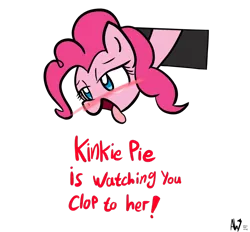 Size: 1280x1188 | Tagged: suggestive, artist:datahmedz, derpibooru import, pinkie pie, pony, bedroom eyes, blushing, ceiling cat, ceiling pony, clopping, female, implied masturbation, kinkie pie, open mouth, simple background, smiling, solo, solo female, text, tongue out, transparent background