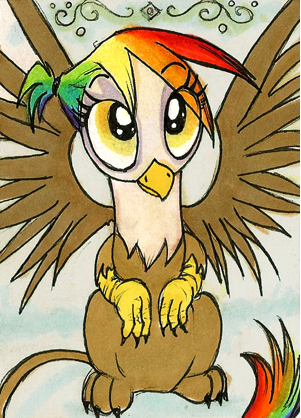 Size: 301x418 | Tagged: safe, artist:foxinshadow, derpibooru import, oc, oc:rainbow feather, unofficial characters only, gryphon, cute, interspecies offspring, magical lesbian spawn, offspring, parent:gilda, parent:rainbow dash, parents:gildash, solo