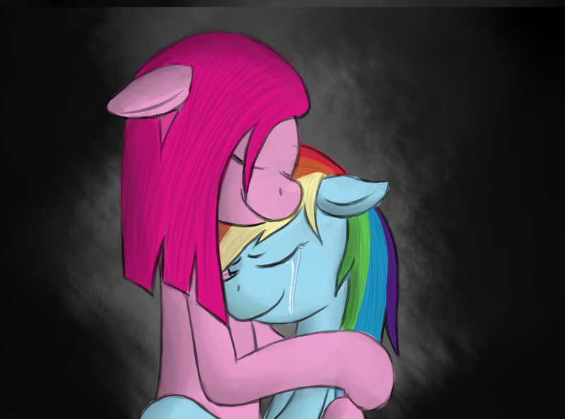 Size: 1364x1012 | Tagged: dead source, safe, artist:phon-e, derpibooru import, pinkie pie, rainbow dash, crying, female, hug, lesbian, pinkiedash, shipping