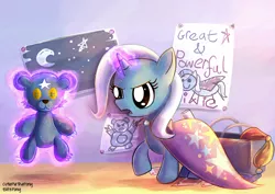 Size: 2400x1700 | Tagged: safe, artist:blitzpony, artist:cutiepiethepony, derpibooru import, trixie, pony, unicorn, cape, clothes, cute, diatrixes, female, filly, filly trixie, glowing horn, great and powerful, hnnng, horn, levitation, magic, magic aura, plushie, solo, teddy bear, telekinesis, trixie's cape, ursa plush, younger