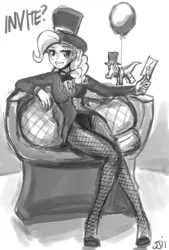 Size: 800x1182 | Tagged: artist:johnjoseco, balloon, breasts, clothes, derpibooru import, female, fishnets, grayscale, gummy, hat, human, humanized, leotard, magician outfit, monochrome, pinkie pie, solo, solo female, source needed, suggestive, top hat, tuxedo