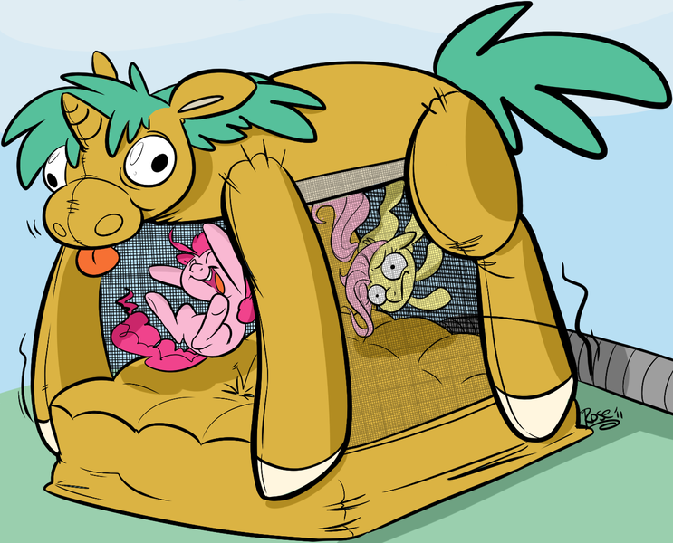 Size: 1355x1094 | Tagged: artist:briskby, artist:rustydooks, bouncy castle, cute, derpibooru import, diapinkes, floating, fluttershy, happy, hoof in air, inflatable, open mouth, pinkie pie, safe, snails, thousand yard stare, underhoof