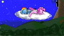 Size: 1280x730 | Tagged: safe, artist:starykrow, derpibooru import, pinkie pie, rainbow dash, cloud, female, lesbian, night, pinkiedash, shipping, sleeping