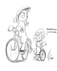 Size: 1600x2000 | Tagged: artist:valcron, bicycle, derpibooru import, grayscale, monochrome, rarity, riding, safe, sweetie belle