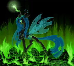 Size: 1350x1200 | Tagged: safe, artist:countcarbon, derpibooru import, queen chrysalis, changeling, changeling queen, fangs, female, fire, glowing horn, hoof on chest, image, jpeg, looking at you, magic, open mouth, raised hoof, signature, slit eyes, solo, standing