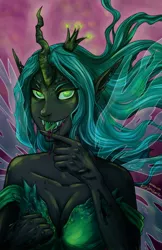 Size: 700x1082 | Tagged: suggestive, artist:kiriska, derpibooru import, queen chrysalis, breasts, female, horned humanization, humanized, sharp teeth, solo, solo female, tongue out, winged humanization