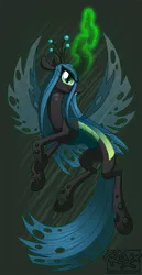 Size: 797x1550 | Tagged: dead source, safe, artist:raxertus, artist:spottedrax, derpibooru import, queen chrysalis, changeling, changeling queen, deviantart link, fangs, female, frown, glowing horn, horn, image, looking at you, outline, png, signature, slit eyes, smiling, smirk, solo