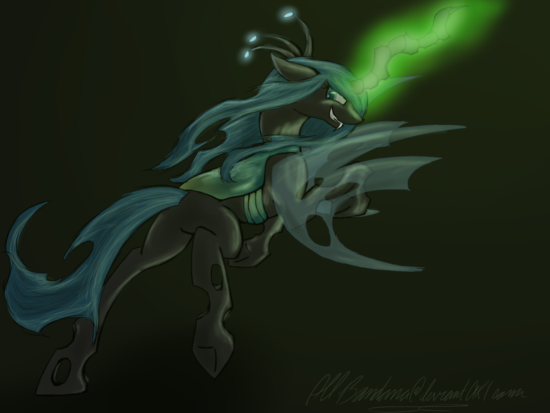 Size: 1200x900 | Tagged: dead source, safe, artist:nos-talgia, derpibooru import, queen chrysalis, changeling, changeling queen, bugbutt, butt, fangs, female, floppy ears, glowing horn, gradient background, grin, horn, image, leaping, looking back, png, signature, smiling, solo