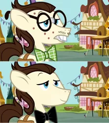 Size: 1152x1300 | Tagged: safe, derpibooru import, edit, edited screencap, screencap, gizmo, earth pony, pony, putting your hoof down, acne, bowtie, bucktooth, comparison, facial hair, glasses, male, moustache, stallion