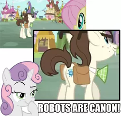 Size: 1123x1080 | Tagged: safe, derpibooru import, edit, edited screencap, screencap, bon bon, fluttershy, gizmo, lyra heartstrings, sweetie belle, sweetie drops, pegasus, pony, robot, unicorn, putting your hoof down, canon, cutie mark, female, filly, foal, glasses, horn, male, mare, plot, saddle bag, smiling, sweetie bot, text