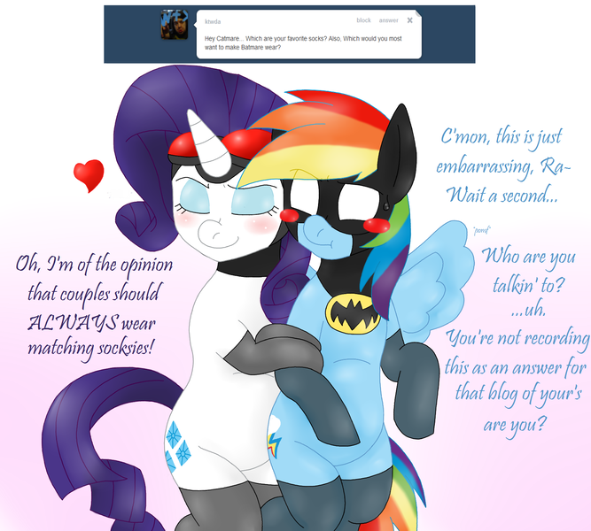 Size: 1700x1530 | Tagged: artist:blackbewhite2k7, ask, batman, blushing, catwoman, clothes, crossover, derpibooru import, dialogue, female, lesbian, nudity, parody, rainbow dash, raridash, rarity, shipping, socks, suggestive, wingboner