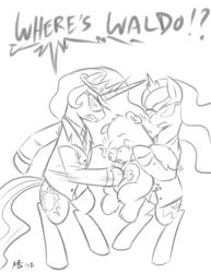 Size: 1041x1347 | Tagged: abuse, artist:megasweet, care bears, crossover, derpibooru import, mafia, monochrome, princess celestia, princess luna, safe, violence, where's waldo