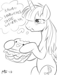 Size: 1041x1347 | Tagged: artist:megasweet, derpibooru import, kawaii sandwich, lauren faust, monochrome, oc, oc:fausticorn, safe, sandwich, unofficial characters only