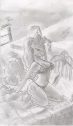 Size: 1473x2514 | Tagged: anthro, armpits, artist:metalfoxxx, bed, belly button, bikini, bra, breasts, busty pinkie pie, clothes, derpibooru import, female, monochrome, morning ponies, panties, pinkie pie, solo, solo female, stretching, suggestive, swimsuit, traditional art, underwear