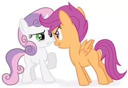 Size: 838x579 | Tagged: safe, artist:sorcerushorserus, derpibooru import, scootaloo, sweetie belle, pegasus, pony, unicorn, duo, duo female, female, filly, simple background, staring contest, white background
